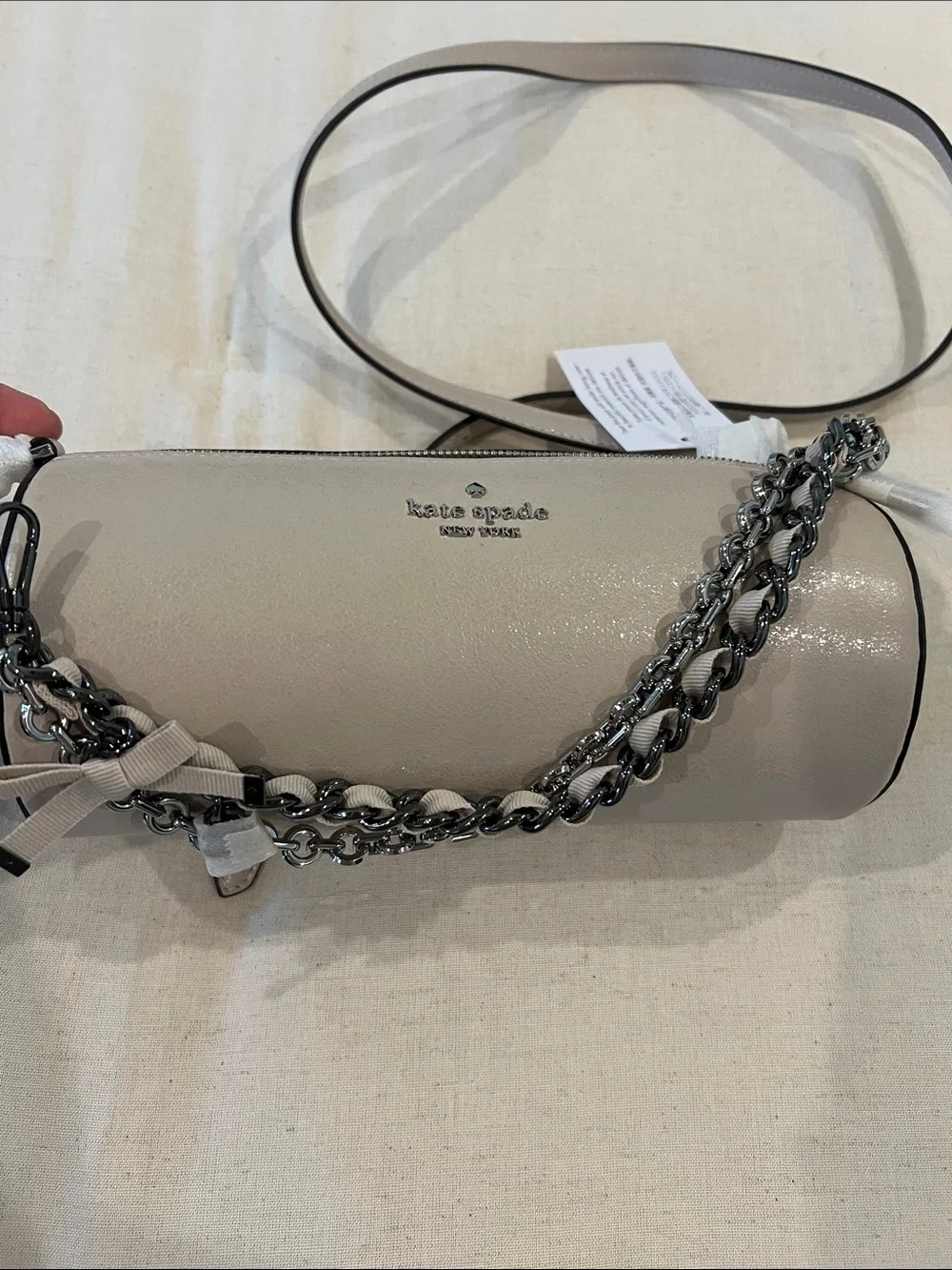 Kate Spade Light Gray Pebbled Leather Chain-Trim Crossbody